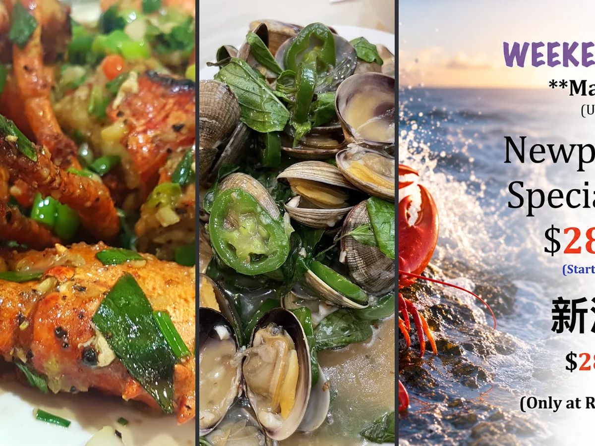 Seafood platters on white plates.