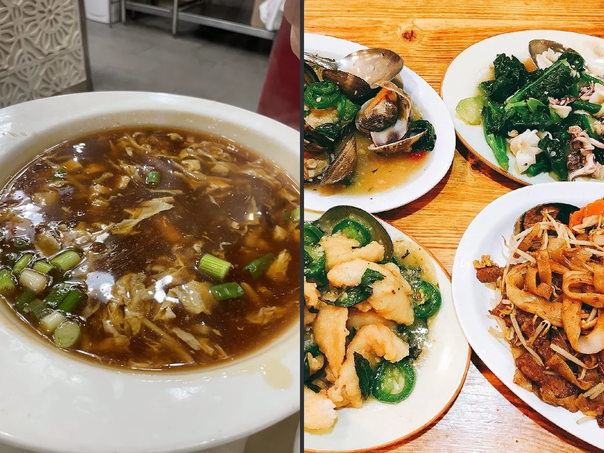 Steaming dishes on a busy table.
