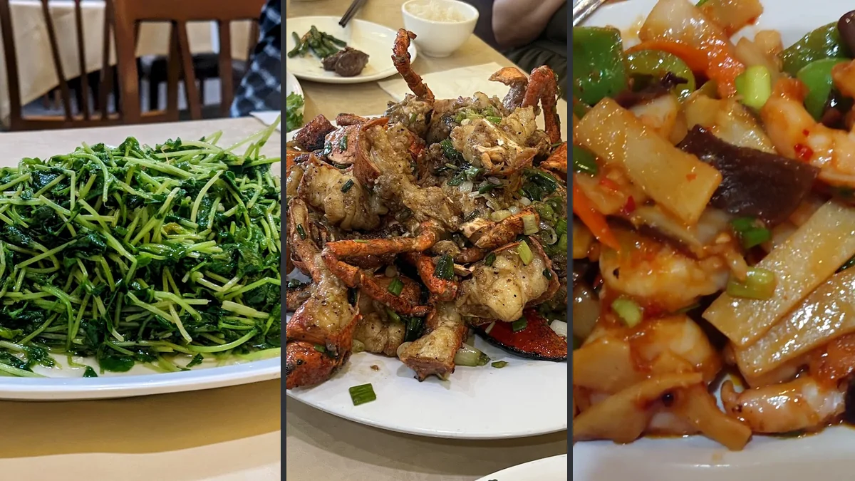 Seafood platters on white plates.