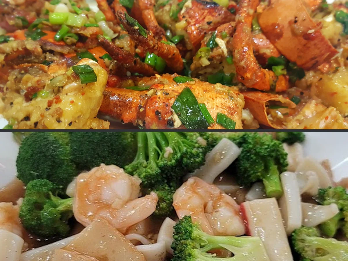 Seafood platters on white plates.